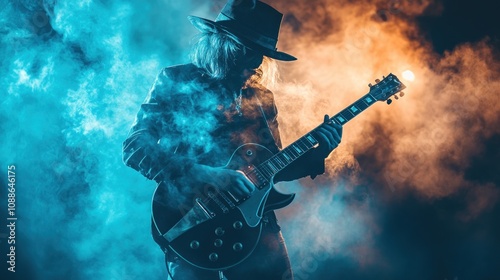 A guitarist playing on stage in front of a smoky background with blue and orange lights. photo