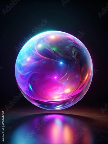 Glowing liquid hologram sphere with swirling iridescent colors in pink, blue, and violet