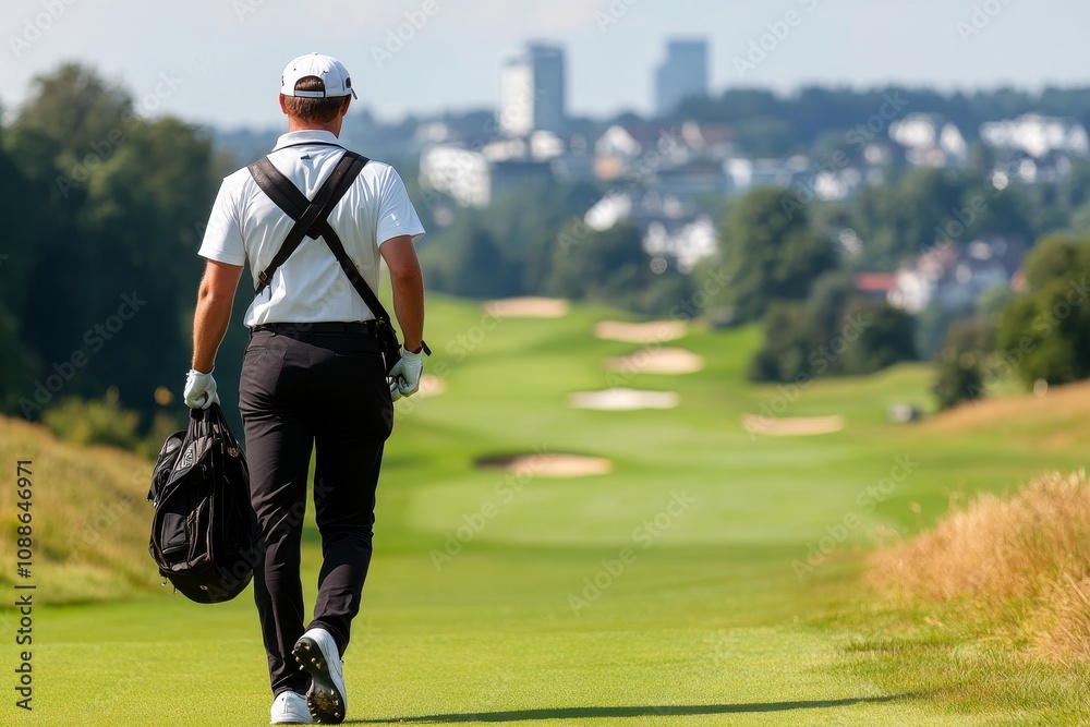 Golfer walking on the course pathways in warm weather with a city skyline in the background Golfer walking on the course pathways in warm weather with a city skyline in the background