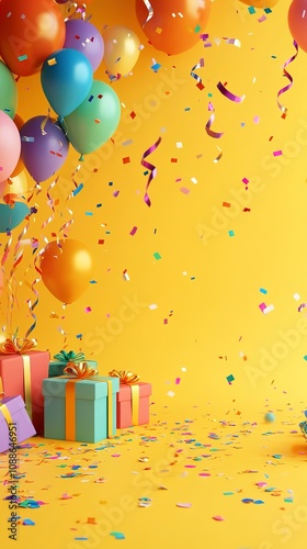 Festive Birthday Background with Balloons, Gifts, and Confetti