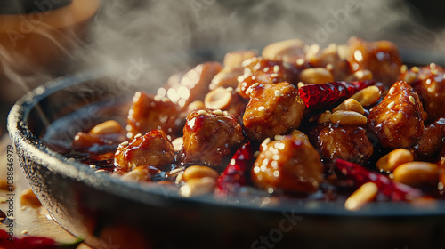 a sizzling plate of kung pao chicken photo