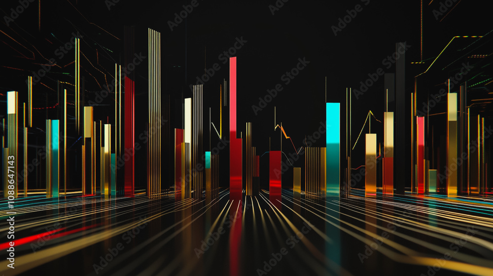 Abstract black background with 3D Colorful charts and graphs with statistics to innovative analyze business potential and forecast future development of companies growth. Abstract black background with 3D Colorful charts and graphs with statistics to innovative analyze business potential and forecast future development of companies growth.