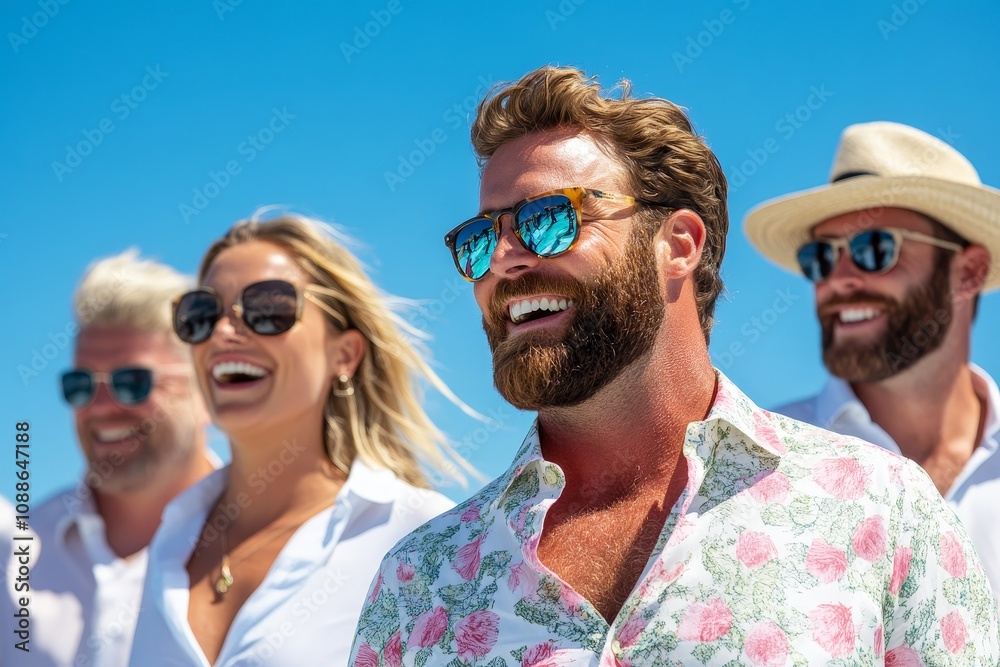 Group of friends enjoying a sunny day at the beach with vibrant attire and cheerful expressions Group of friends enjoying a sunny day at the beach with vibrant attire and cheerful expressions