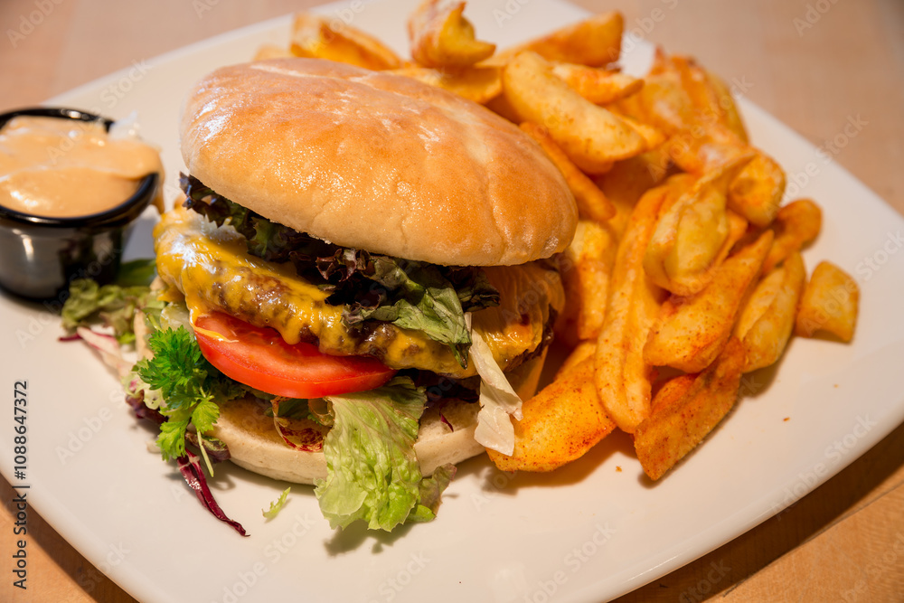 A juicy cheeseburger with lettuce, tomato, and sauce, served alongside seasoned fries on a white plate. A juicy cheeseburger with lettuce, tomato, and sauce, served alongside seasoned fries on a white plate.