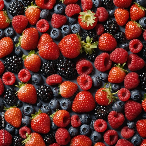 "An assortment of fresh berries, including strawberries, blueberries, raspberries, and blackberries, spread across a white background."