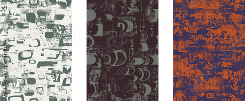 Set of posters with glitch distorted grunge texture. Poster collection texture with halftone dots, glitched shapes, textures and lines .Screen print vector poster pack with grunge textured surface