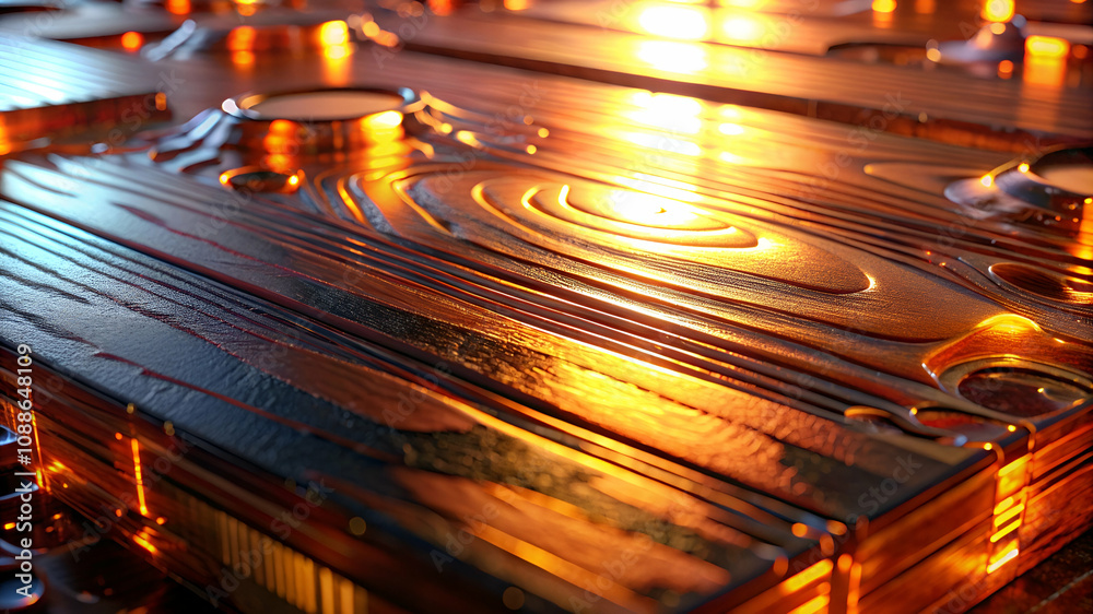 Shimmering orange and gold patterns on textured surfaces create a mesmerizing visual effect, highlighting depth and light interplay. Shimmering orange and gold patterns on textured surfaces create a mesmerizing visual effect, highlighting depth and light interplay.
