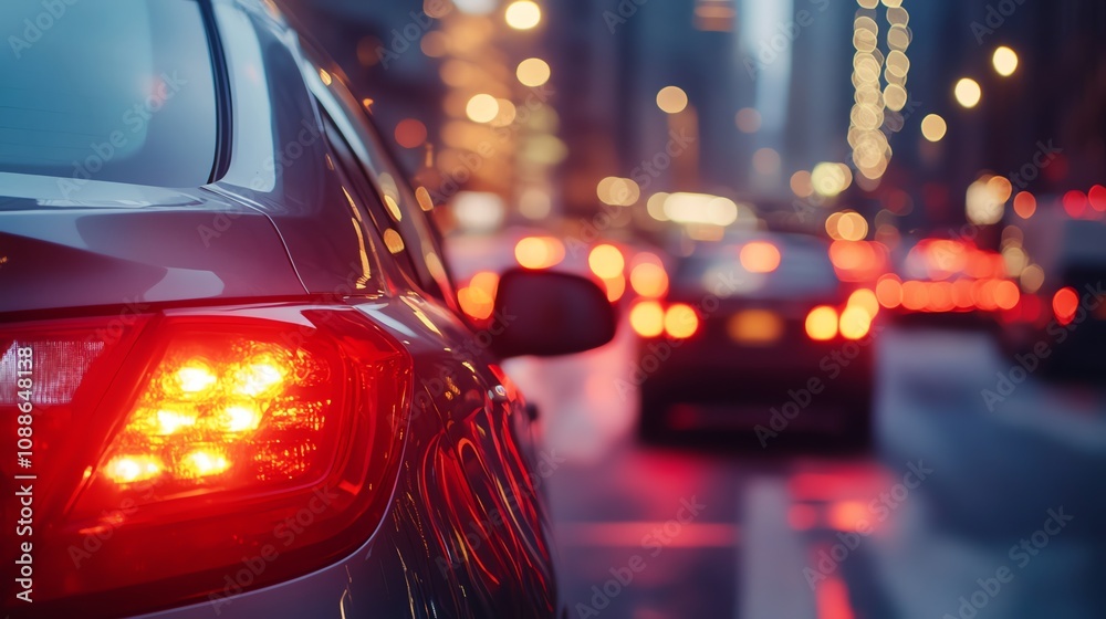 A close-up of a car's tail lights in city traffic at dusk. A close-up of a car's tail lights in city traffic at dusk.