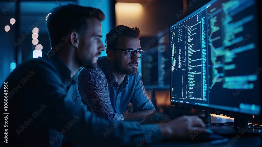This image showcases two programmers intently working together on a computer, displaying their deep focus on coding and debugging processes in a modern, tech-savvy environment. This image showcases two programmers intently working together on a computer, displaying their deep focus on coding and debugging processes in a modern, tech-savvy environment.