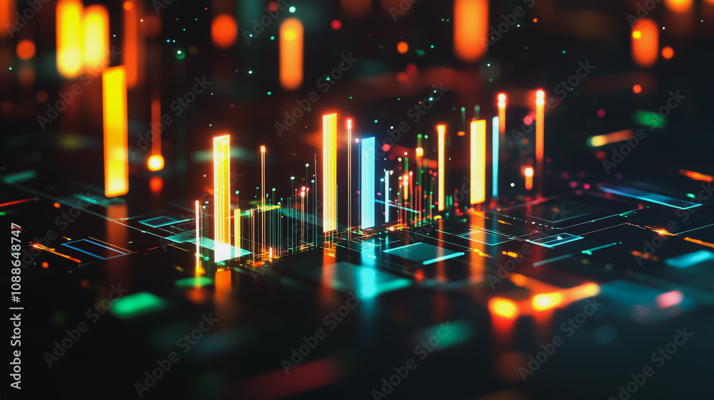 Abstract black background with 3D Colorful charts and graphs with statistics to innovative analyze business potential and forecast future development of companies growth. Abstract black background with 3D Colorful charts and graphs with statistics to innovative analyze business potential and forecast future development of companies growth.