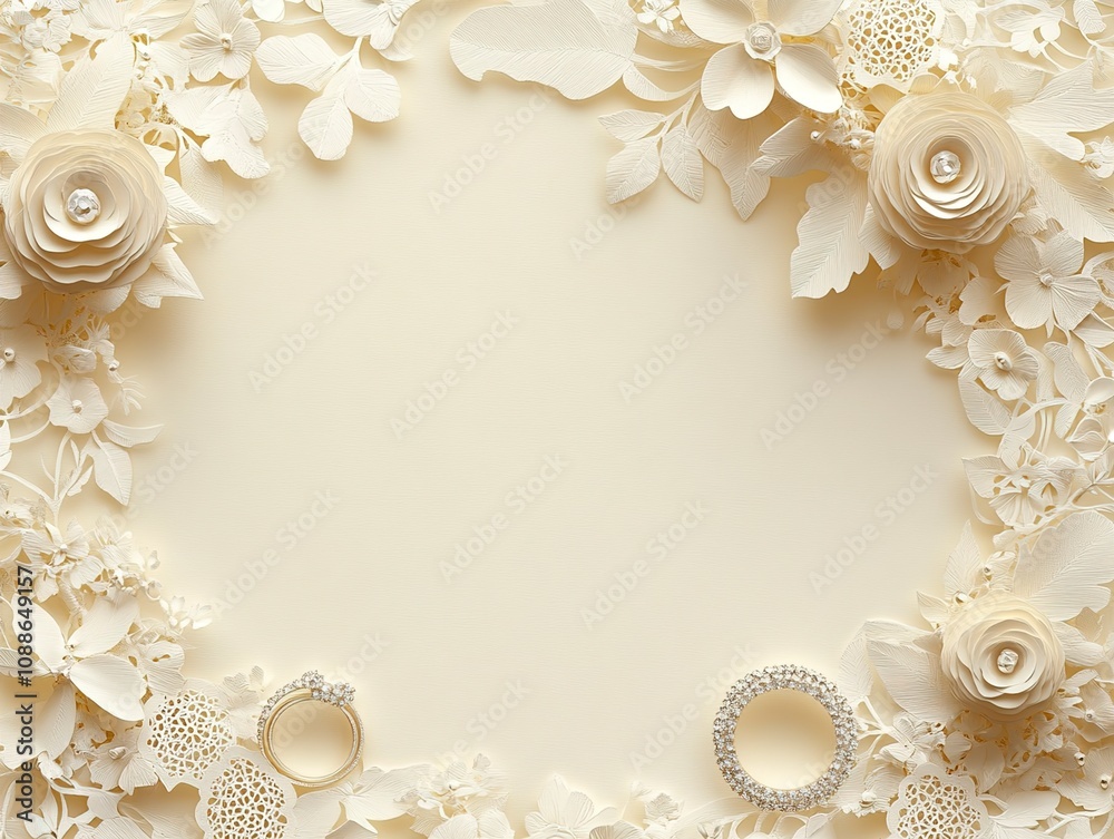 Elegant Wedding Invitation Background with Paper Flowers and Rings Elegant Wedding Invitation Background with Paper Flowers and Rings