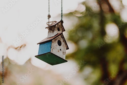 A rustic, wooden birdhouse hangs delicately by a string photo