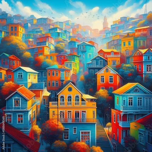 The iconic, colorful houses of Valparaíso, capturing the artistic spirit of the city.