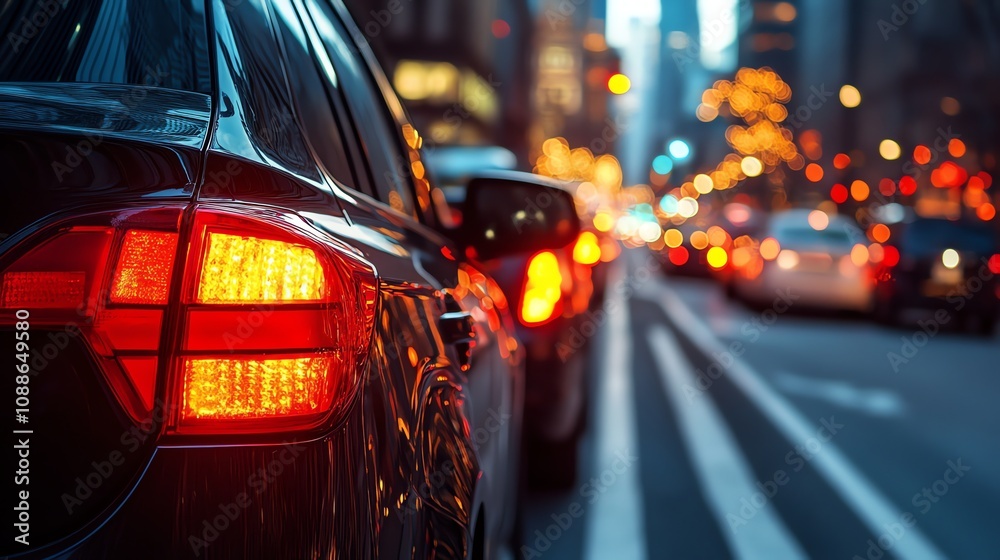 A car in traffic at night. A car in traffic at night.