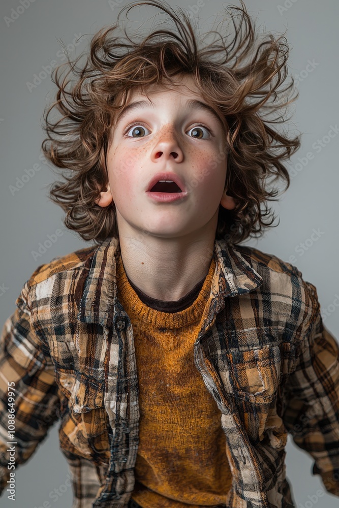 Surprised child with curly hair and plaid shirt expressing excitement Surprised child with curly hair and plaid shirt expressing excitement
