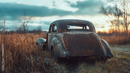 Rusty vintage car in a field at sunset