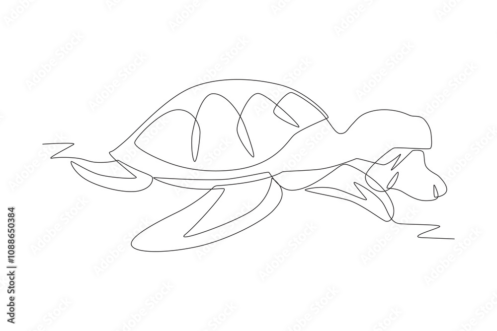 Fototapeta premium Turtle bites plastic waste. Plastic pollution concept one-line drawing