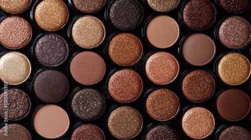 Close-up shot of a palette of eyeshadows in various shades of brown, beige, and copper.