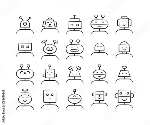 hand drawn and sketch robot head avatars set vector illustration