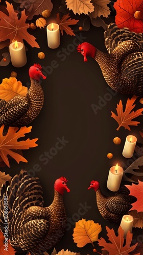 Thanksgiving Turkeys, Candles, and Autumn Leaves Border Design photo