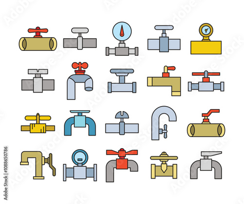 valve, gauge and pipeline icons set