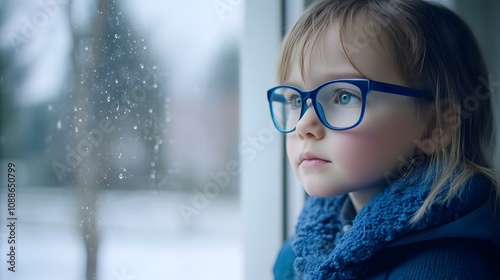 Young child wearing blue glasses focusing on distant tree outside window, symbolizing myopia prevention and importance of outdoor activities.