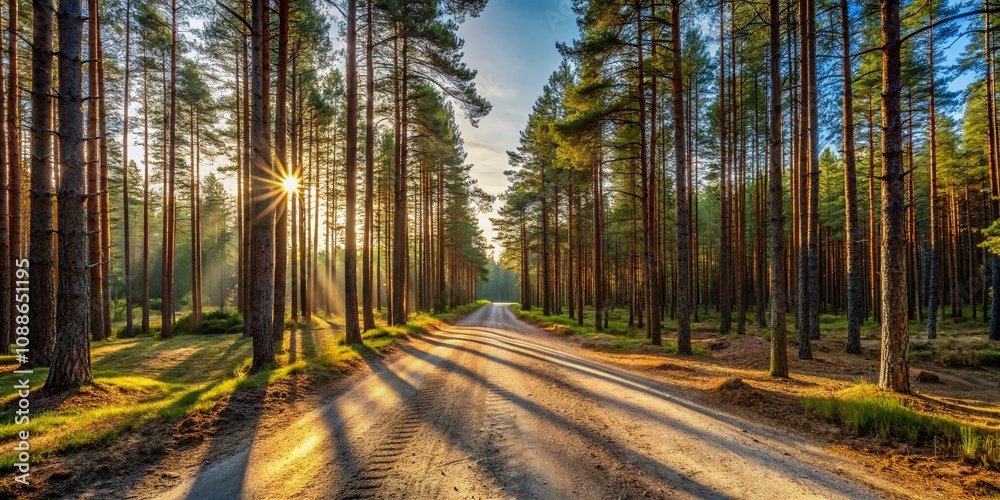 Serene Empty Sandy Dirt Road Through Lush Pine Forest in Northern Sweden, Capturing Shadows and Tranquility of Scandinavian Wilderness