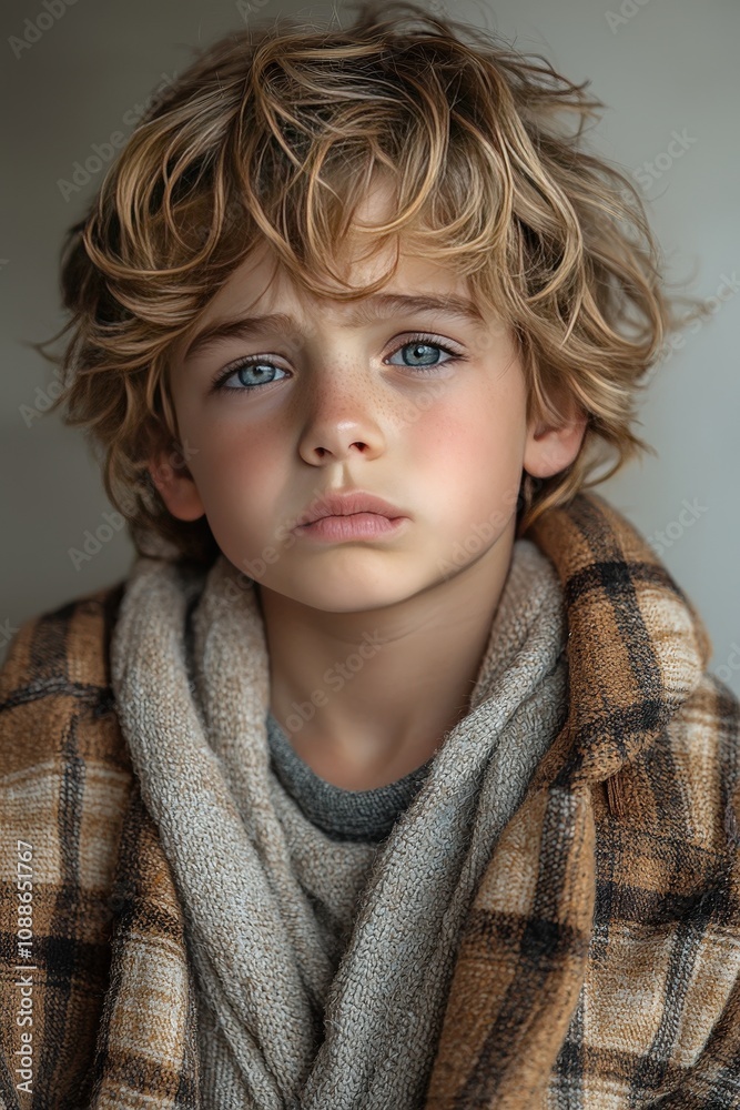 Thoughtful young child in warm autumn clothing Thoughtful young child in warm autumn clothing