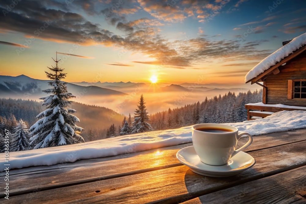 Serene Morning Coffee Overlooking a Snowy Valley with Cabin and Sunrise in the Background Serene Morning Coffee Overlooking a Snowy Valley with Cabin and Sunrise in the Background