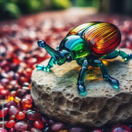 Vibrant Glass Beetle on Stone A beetle sculpture perched on a te