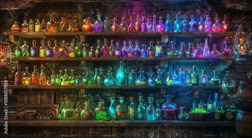 Enchanting shelves filled with glowing magical potions in colorful bottles, set against a rustic stone wall, radiating a fantasy world atmosphere of wonder and mystery