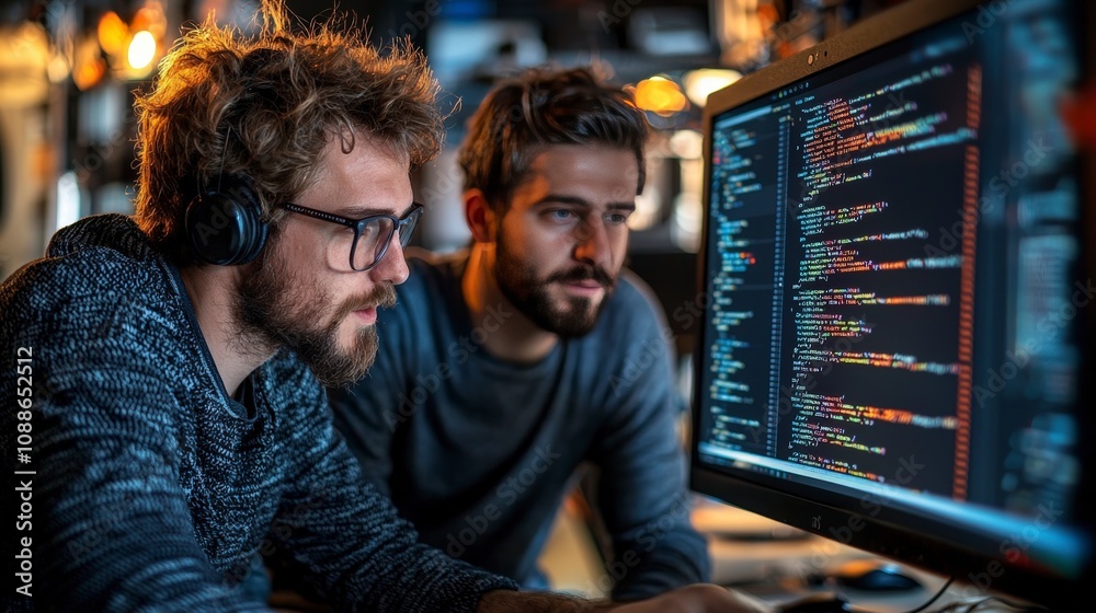 Two focused programmers sit at a modern workstation, engaged in coding, representing the essence of dedication and partnership in the fast-paced tech industry. Two focused programmers sit at a modern workstation, engaged in coding, representing the essence of dedication and partnership in the fast-paced tech industry.