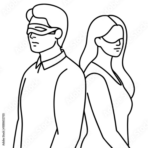blindfolded couple stand back to back