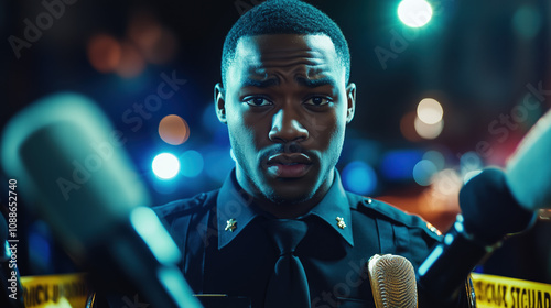 Low Angle Portrait of Black Police Officer Speaking to Press at Crime Scene with Yellow Tape and Multiple Microphones, Flash Lighting photo