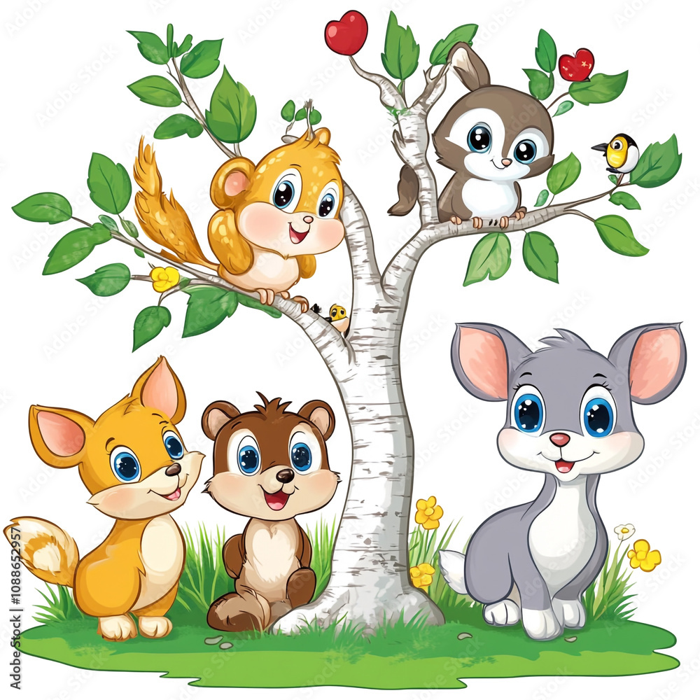 Naklejka premium Cute Animal Friends in a Tree