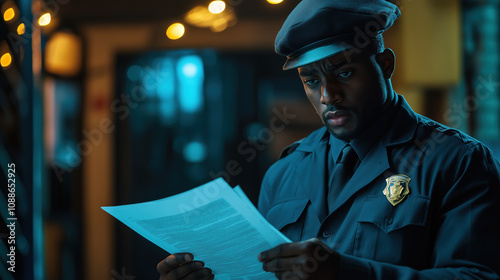 Side View of African American Detective Reading Crime Scene Report with File Folder, Waist Up Shot, Crime Investigation photo