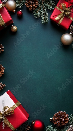 Festive Christmas Border with Presents, Ornaments, and Pine Branches on Dark Green Background