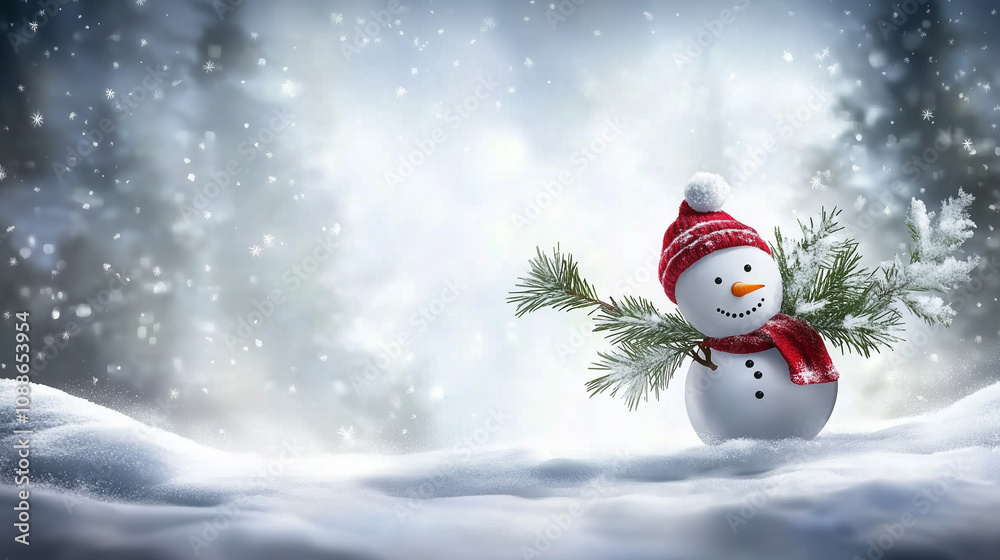 Joyful snowman in a winter wonderland, wearing a red hat and scarf ...