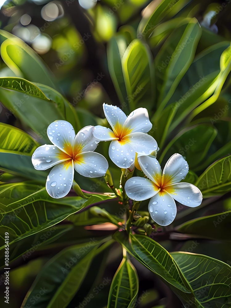 Fototapeta premium Beautiful White Flowers With Dew On Fresh Green Leaves