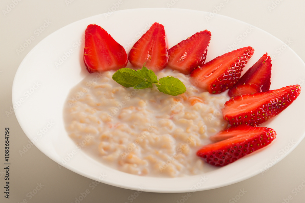 White with a strawberry and porridge. food organic healthy concept. a plate of oatmeal with strawberries and whites for breakfast. a plate of oatmeal with strawberries and white white slices on a. White with a strawberry and porridge. food organic healthy concept. a plate of oatmeal with strawberries and whites for breakfast. a plate of oatmeal with strawberries and white white slices on a.