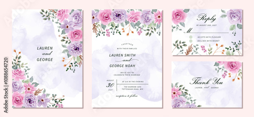 wedding invitation set with soft purple pink floral watercolor frame