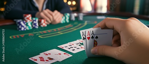 Exciting poker game with chips and cards. photo