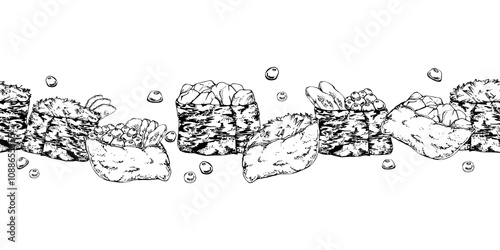 Traditional Japanese food, gunkan inari sushi with caviar cucumber ginger, raw fish salmon tuna crab, hand drawn in vector pen and ink. Seamless banner for restaurant, cafe menu, kitchen, recipe book