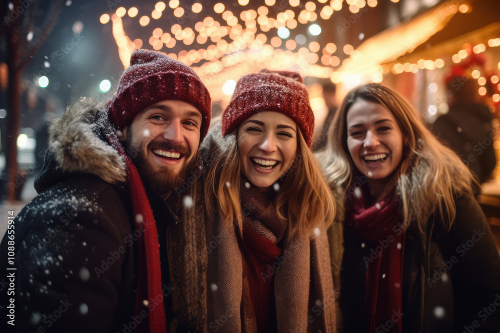 Three friends in cozy winter attire, smiling joyfully in a snowy Christmas market. Warm hats and scarves, illuminated holiday lights, and falling snowflakes create a festive, magical atmosphere Three friends in cozy winter attire, smiling joyfully in a snowy Christmas market. Warm hats and scarves, illuminated holiday lights, and falling snowflakes create a festive, magical atmosphere