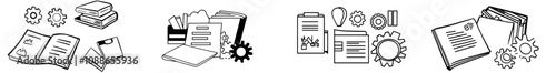 Set of icon sets for technical documentation. Instructions, plans, and manuals. Line icons for algorithms. Line icons for quality assurance. Modern images.