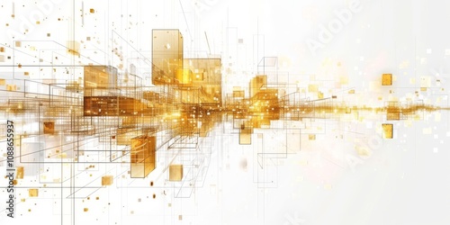 Abstract arrangement of translucent golden cubes and fine lines extending into depth, forming a dynamic grid. The scene captures a futuristic, digital aesthetic in bright gold and white tones