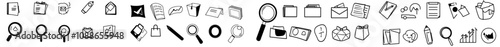 Modern icon set of photos, stock, rental cars, and search line icons. Airplane flights, web search engines, analytics. Find photo, checklist document, stock eye.