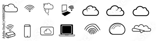 Icons for computing, data storage, cloud hosting and file sync. Quality line set. Vector.