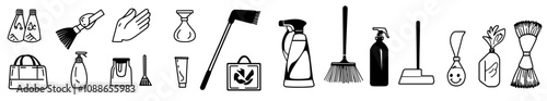 An approved check, document, with laundry, sponge and vacuum cleaner symbols. Housekeeping equipment symbols, cleaning equipment, window cleaning and wipe off symbols.