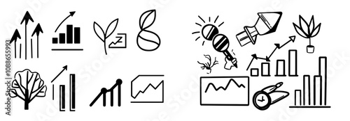Icons for graphs. Text icons for graphs. Chart presentation, graph reports, graphs for increasing growth. Analytics testing, falling demand, pie charts, calendar statistics. Marketing testing,